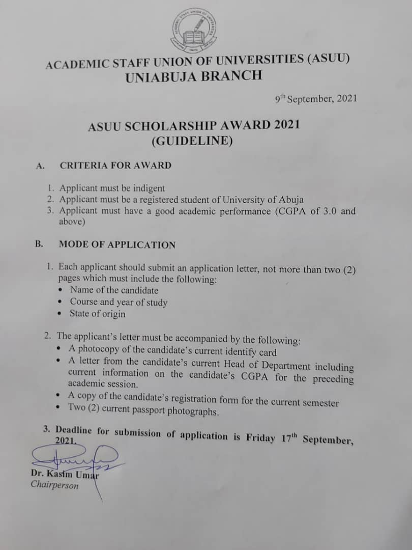 EDIT: ASUU UniAbuja guidelines for scholarship application